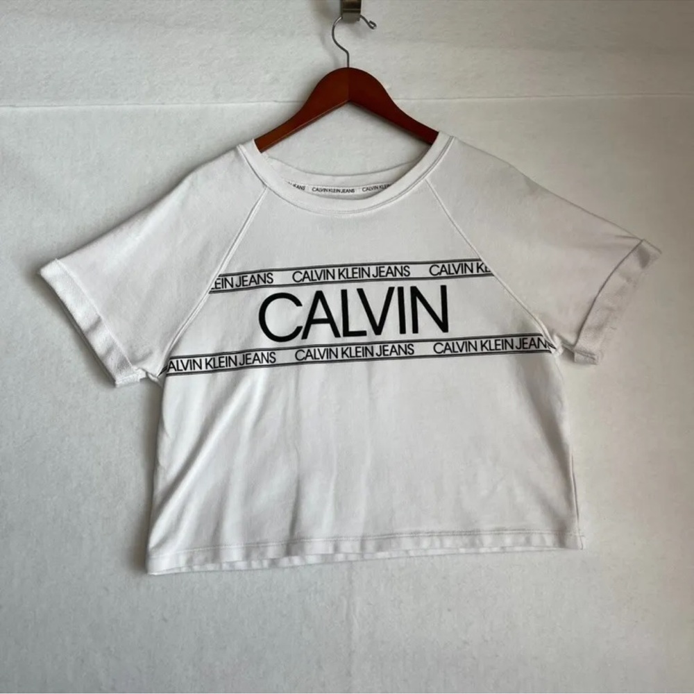 Calvin Klein Women's Sz Medium French Terry Short Sleeve Crop Top Pullover Logo